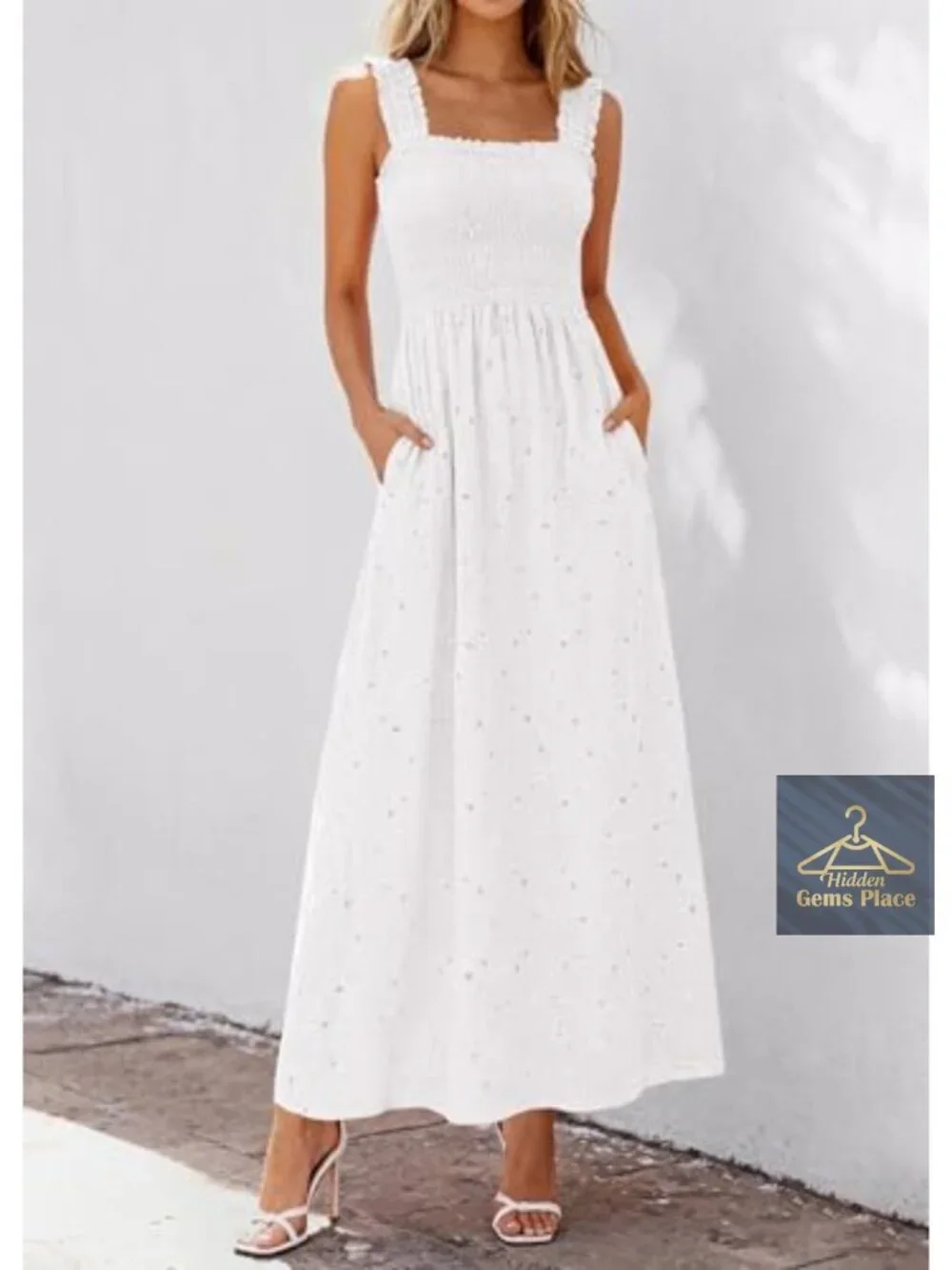 Women's Eyelet Lace Maxi Sundress - Smocked Boho Cotton Dress